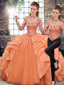  Orange Lace Up Quinceanera Dress Beading and Ruffles Sleeveless Floor Length