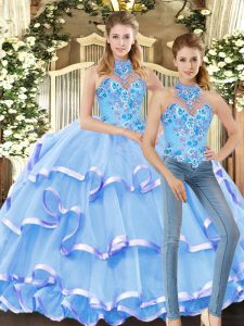 Spectacular Blue Halter Top Neckline Embroidery and Ruffled Layers Ball Gown Prom Dress Sleeveless Lace Up