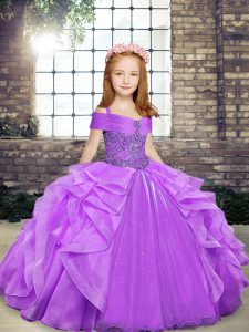  Sleeveless Organza Floor Length Lace Up Kids Pageant Dress in Lavender with Beading and Ruffles