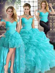  Sleeveless Organza Floor Length Lace Up Quinceanera Gowns in Aqua Blue with Beading and Ruffles and Pick Ups