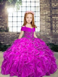 High End Sleeveless Organza Floor Length Lace Up Little Girl Pageant Gowns in Fuchsia with Beading and Ruffles