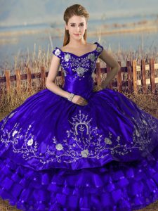Fancy Floor Length Purple Ball Gown Prom Dress Off The Shoulder Sleeveless Lace Up