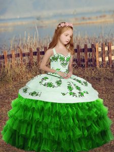  Lace Up Straps Embroidery and Ruffled Layers Child Pageant Dress Organza Sleeveless