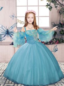 Custom Design Sleeveless Lace Up Floor Length Beading Child Pageant Dress