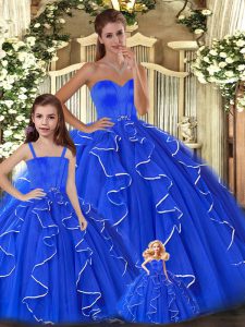 Glorious Blue Sweetheart Neckline Beading and Ruffles 15 Quinceanera Dress Sleeveless Lace Up