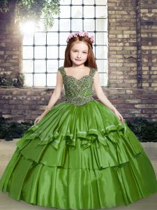 Custom Made Floor Length Lace Up Girls Pageant Dresses Green for Party and Sweet 16 and Wedding Party with Beading