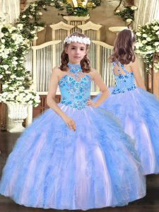  Blue Halter Top Lace Up Appliques and Ruffles Kids Pageant Dress Sleeveless