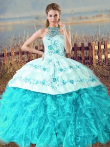  Aqua Blue Ball Gowns Embroidery and Ruffles Ball Gown Prom Dress Lace Up Organza Sleeveless