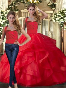 Superior Red Tulle Lace Up Quince Ball Gowns Sleeveless Floor Length Ruffles