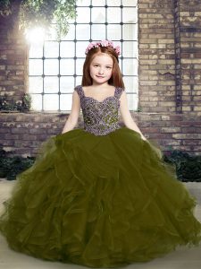 Low Price Olive Green Lace Up Straps Beading and Ruffles Little Girl Pageant Dress Tulle Sleeveless