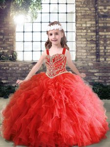 Fancy Beading and Ruffles Kids Formal Wear Red Lace Up Sleeveless Floor Length