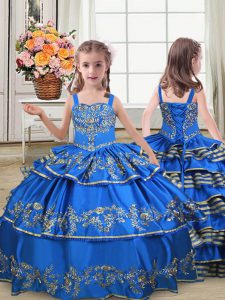  Royal Blue Satin Lace Up Straps Sleeveless Floor Length Little Girls Pageant Dress Embroidery and Ruffled Layers