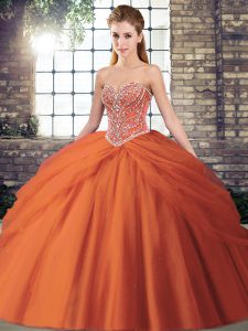 Fancy Beading and Pick Ups Vestidos de Quinceanera Orange Red Lace Up Sleeveless Brush Train