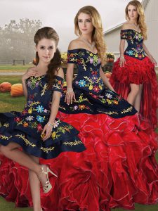 Fancy Floor Length Red And Black Quinceanera Gown Organza Sleeveless Embroidery and Ruffles