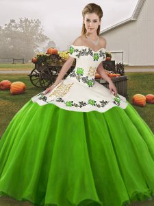 Green Off The Shoulder Neckline Embroidery 15 Quinceanera Dress Sleeveless Lace Up