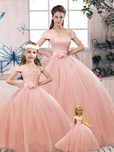  Tulle Off The Shoulder Short Sleeves Lace Up Lace and Hand Made Flower Quinceanera Dresses in Pink 