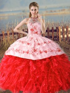  Organza Sleeveless Floor Length Quinceanera Dresses Court Train and Embroidery and Ruffles