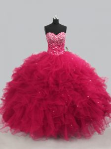 Graceful Hot Pink Sleeveless Tulle Lace Up Quince Ball Gowns for Sweet 16 and Quinceanera