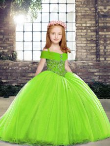  Ball Gowns Straps Sleeveless Tulle Brush Train Lace Up Beading Pageant Gowns For Girls