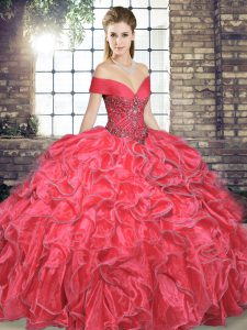 Romantic Coral Red Sleeveless Beading and Ruffles Floor Length Quinceanera Dresses