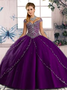  Lace Up Ball Gown Prom Dress Purple for Sweet 16 and Quinceanera with Beading Brush Train