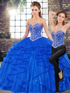  Sleeveless Floor Length Beading and Ruffles Lace Up Quinceanera Dresses with Royal Blue