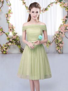 Captivating Tulle Off The Shoulder Short Sleeves Lace Up Belt Dama Dress for Quinceanera in Olive Green