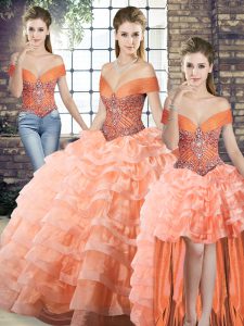 Traditional Peach Lace Up Off The Shoulder Beading and Ruffled Layers Vestidos de Quinceanera Organza Sleeveless Brush Train