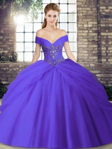 Admirable Purple Ball Gowns Off The Shoulder Sleeveless Tulle Brush Train Lace Up Beading and Pick Ups Quince Ball Gowns