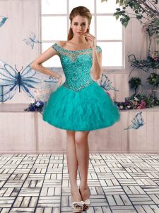 Charming Mini Length Lace Up Prom Dress Teal for Prom and Party with Beading and Ruffles