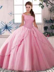 Fashionable Brush Train Ball Gowns 15 Quinceanera Dress Rose Pink Off The Shoulder Tulle Sleeveless Lace Up