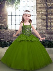  Sleeveless Floor Length Beading Lace Up Little Girl Pageant Dress with Olive Green