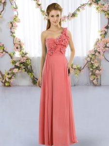 Sumptuous Floor Length Lace Up Quinceanera Court Dresses Watermelon Red for Wedding Party with Hand Made Flower