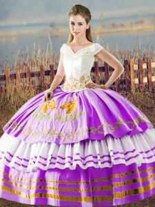 Elegant Lilac V-neck Neckline Embroidery and Ruffled Layers Sweet 16 Dress Sleeveless Lace Up