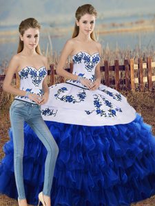 Eye-catching Royal Blue Two Pieces Embroidery and Ruffled Layers and Bowknot Quinceanera Gowns Lace Up Organza Sleeveless Floor Length