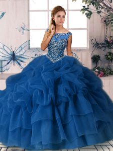 Fabulous Royal Blue Sleeveless Brush Train Beading and Pick Ups Sweet 16 Quinceanera Dress