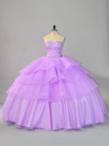 Vintage Lavender Ball Gowns Beading and Ruffled Layers Sweet 16 Quinceanera Dress Lace Up Organza Sleeveless