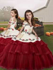 Wonderful Straps Sleeveless Lace Up Kids Formal Wear Wine Red Tulle