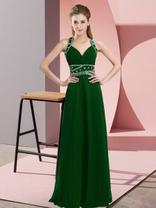 On Sale Straps Sleeveless Homecoming Dress Floor Length Beading Dark Green Chiffon