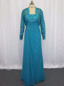 Trendy Floor Length Blue Prom Party Dress Chiffon Sleeveless Lace and Appliques