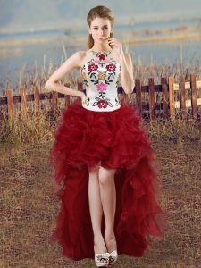  Organza Scoop Sleeveless Lace Up Embroidery in Wine Red