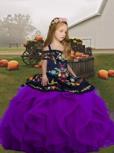 Enchanting Sleeveless Floor Length Embroidery and Ruffles Lace Up Little Girls Pageant Dress Wholesale with Purple