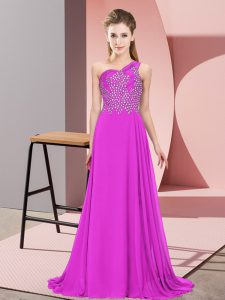  Purple Empire Beading Prom Party Dress Side Zipper Chiffon Sleeveless Floor Length