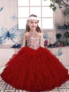  Red Ball Gowns High-neck Sleeveless Tulle Floor Length Lace Up Beading and Ruffles Kids Pageant Dress