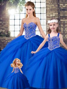  Sweetheart Sleeveless Brush Train Lace Up 15th Birthday Dress Royal Blue Tulle