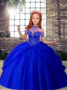  Royal Blue Sleeveless Beading Floor Length Little Girls Pageant Dress