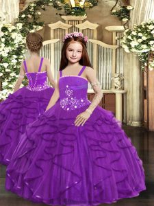  Purple Tulle Lace Up Little Girl Pageant Gowns Sleeveless Floor Length Ruffles