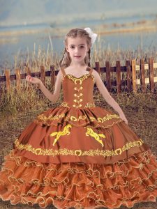 Graceful Beading and Embroidery and Ruffled Layers Child Pageant Dress Rust Red Lace Up Sleeveless Floor Length