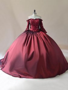 Suitable Ball Gowns Long Sleeves Burgundy Sweet 16 Quinceanera Dress Brush Train Lace Up