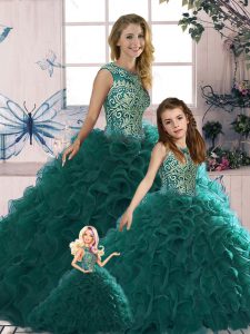 Lovely Peacock Green Ball Gowns Organza Scoop Sleeveless Beading and Ruffles Floor Length Lace Up Quinceanera Dress